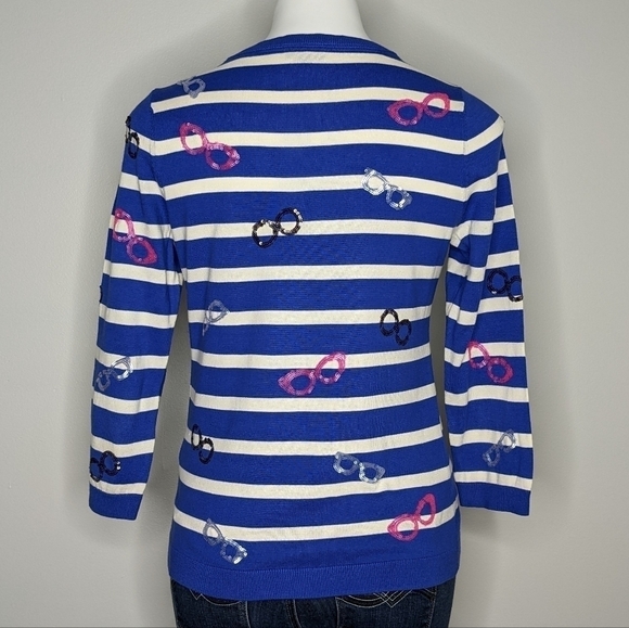✨3/$15 Talbots blue white striped sequin glasses sweater S - Picture 5 of 7